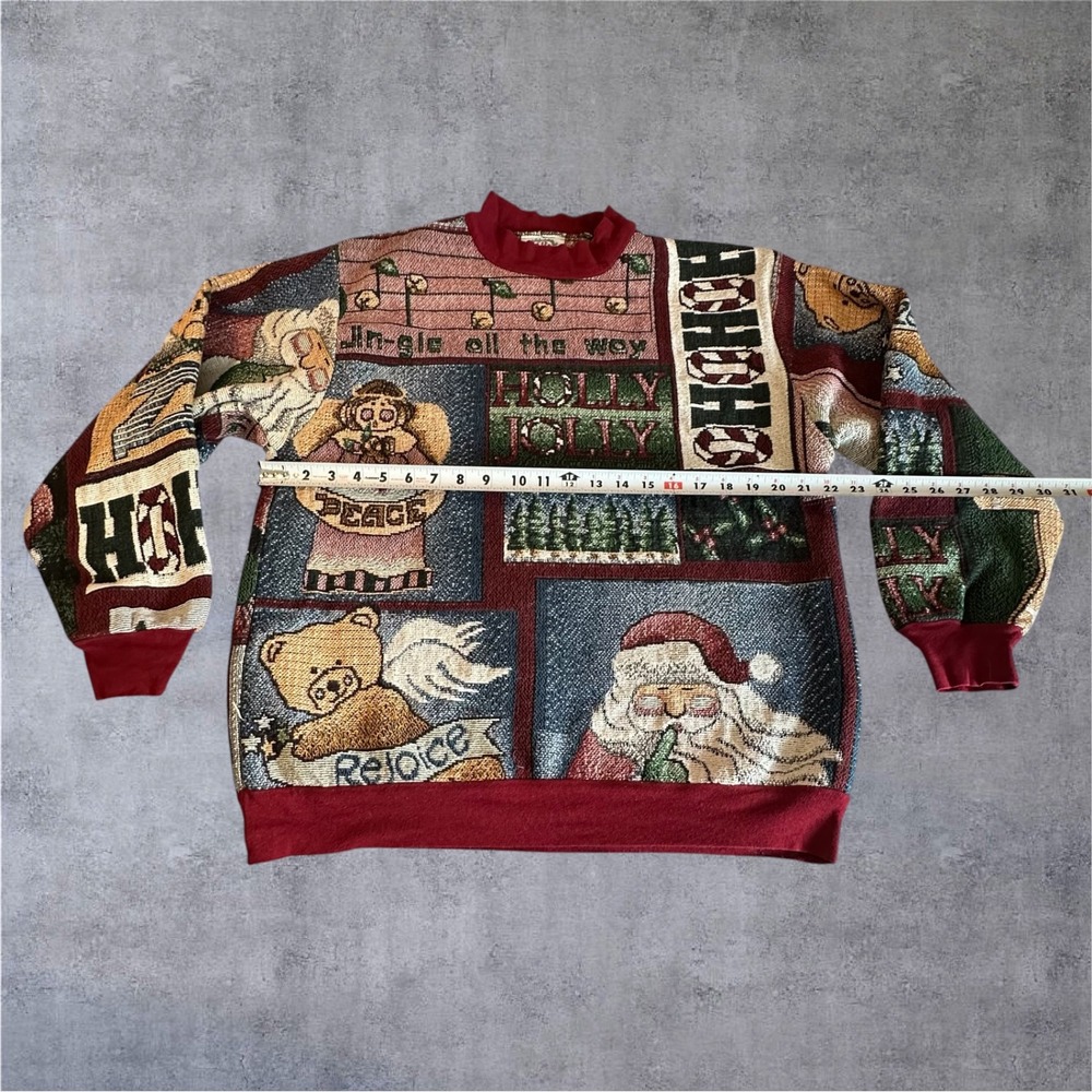 Vintage Sugar Street Weavers Tapestry Sweater OS Red Christmas Patchwork - Picture 4 of 11